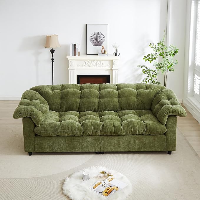 3-Seater Couch 94.8 inch Oversized Modern Comfy Tufted Chenille Fabric Cloud Fluffy Foam Deep Seat Soft Loveseat Sofa Couch for Living Room Bedroom Office Green