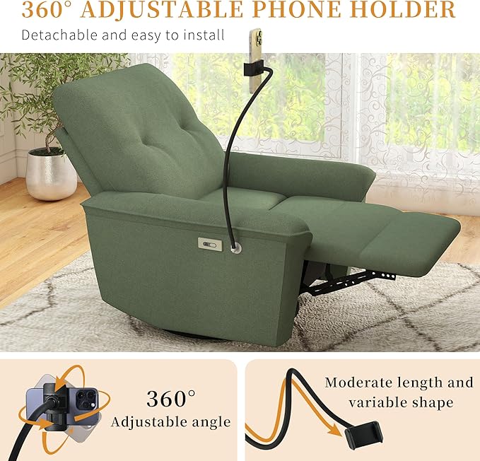 Power Swivel Rocker Recliner Chair for Nursery Upholstered Glider Rocking Chair with Phone HolderUSB Ports Small Recliners for Small Spaces Living Room Bedroom