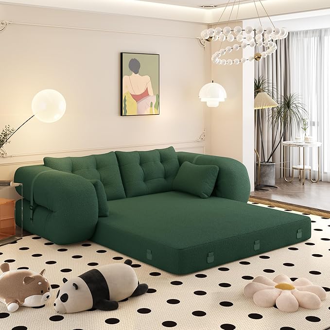 Polibi 78.7 Foldable Sleeper Sofa Bed - 3-in-1 Lazy Sofa Couch Human Dog Bed with Teddy Fabric &amp Foam Filling for Living Room Guest Playroom No Assembly Required (Green)