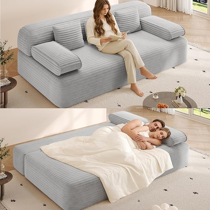78.7 Queen Convertible Sofa Bed 2-in-1 Corduroy Folding Floor Couch with 3 Pillows Sleeper Sofa for Living Room and Bedroom No Assembly Required (Light Grey)