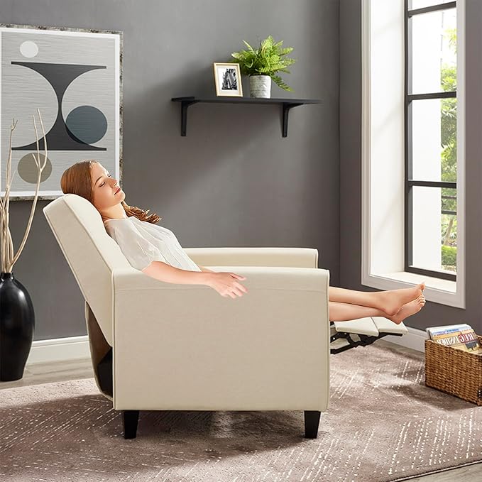 Naomi Home Landon Cream Linen Push-Back Recliner Compact Comfort for Small Spaces Plush Cushioning Modern Armless Club Chair Design