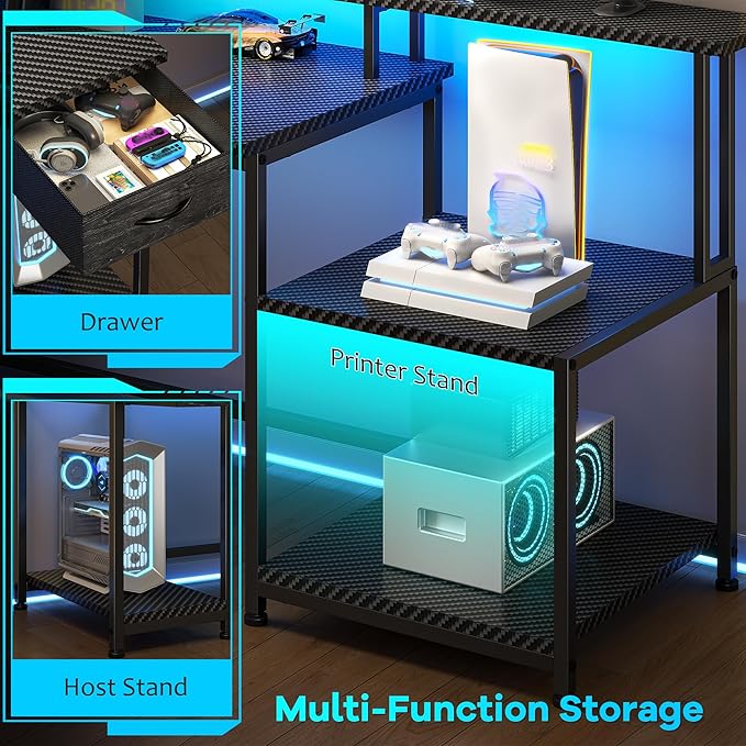55 Inch Gaming DeskComputer Desk with LED &amp Power OutletOffice Desk with Printer Storage Shelves &amp Storage DrawerStudy Table with Monitor ShelfDorm Room EssentialsBlack