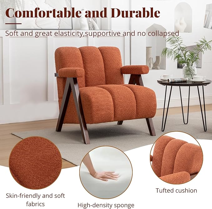 Mid Century Modern Accent Chairs Set of 2 with Solid Wood Frame Boucle Upholstered Living Room Chairs with Thick Cushion Comfy Tufted Arm Chair for Bedroom Orange