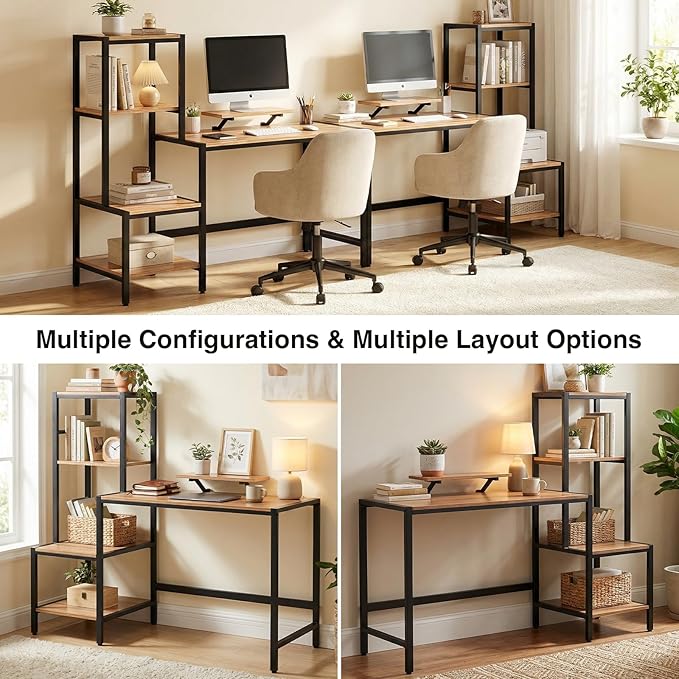 Computer Desk with Reversible Shelves Small Home Office Desk with Monitor Stand Metal Frame Wood Work Desk with Storage for Study Workspace