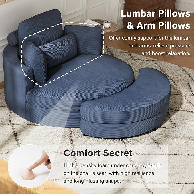 DEINPPA 51'' Accent Swivel Barrel Chair with Storage Ottoman Modern Oversized Round Leisure Sofa Chaise with Tray Pillows Corduroy Upholstered Lounge Chair for Bedroom Living Room Hotel Club Blue