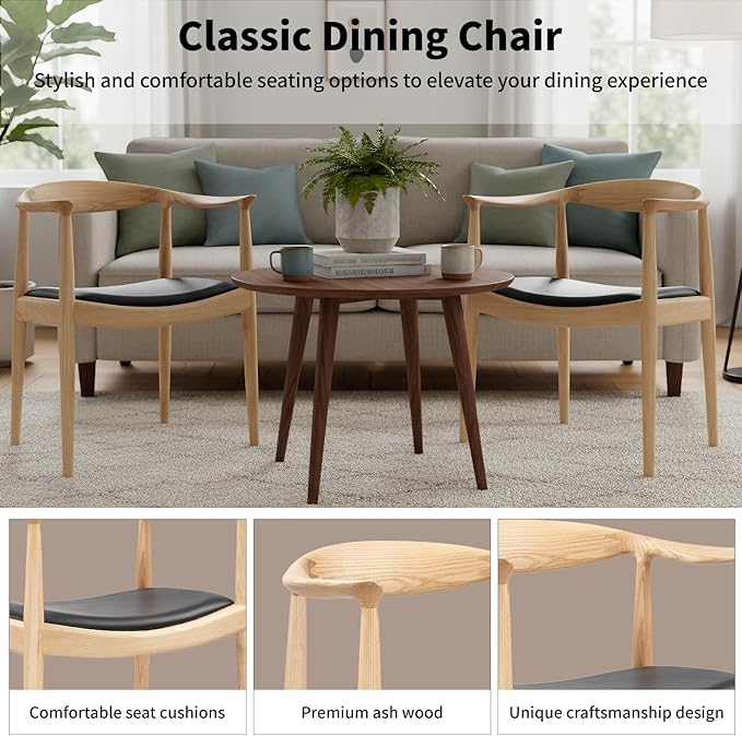 Kennedy Armchair Upholstered Dining Chair Presidential Mid-Century Modern Accent Chair in Natural Wood Color