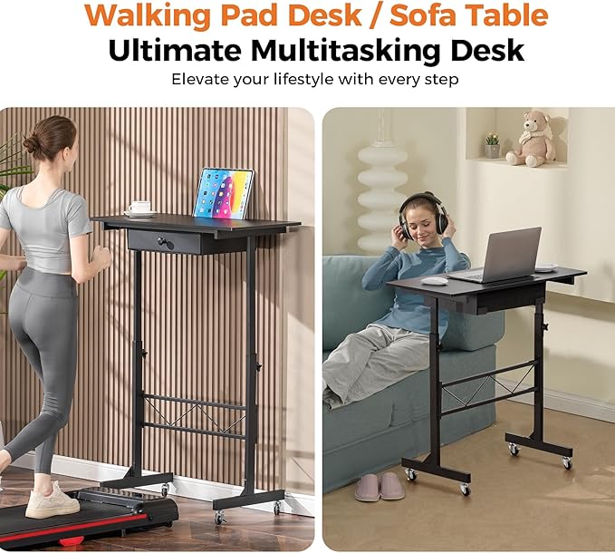 GTPLAYER Small Mobile Standing Desk 32In Wide Adjustable Height Stand Up Desk for Home Office Portable Sit Stand Rolling Computer Desk with Wheels Storage Drawer and Slot Carbon Fiber Style Black