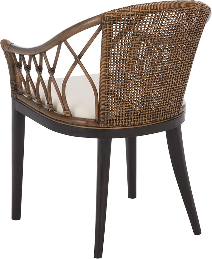 SAFAVIEH Home Collection – Miyomi Brown Rattan Arm Chair with Ivory Seat Cushion Coastal Modern Design Fully Assembled (ACH4900A)