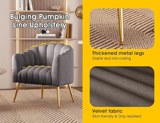 Oversized Pumpkin Couch Accent Chair Modern Comfy Velvet Upholstered Barrel Chairs Luxury Single Sofa Armchair for Living Room Waiting Room Office and Vanity (Grey)