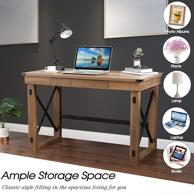 47.5 Writing Computer Desk Industrial Style Large Home Office Desk with Pull-Out Keyboard Tray and Black Metal Wooden Laptop Table for Work Study