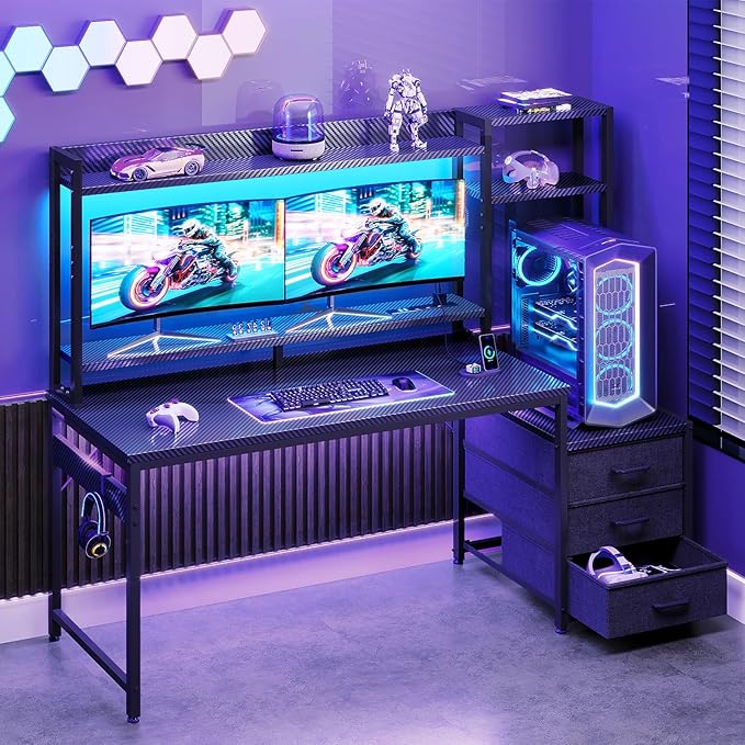 Casaottima 55 Inch Gaming Desk with Hutch &amp 3 Fabric Drawers Computer Desk with USB Ports &amp LED Lights Reversible Pc Gamer Table with Monitor Stand for Home Office Carbon Fiber Black