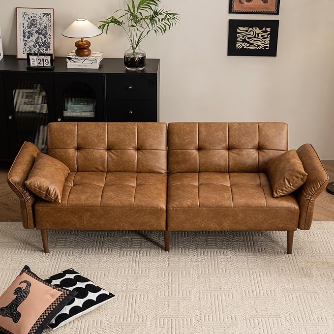 85” Futon Sofa Bed Sleeper Sofa Small Couch with Storage Adjustable Armrests Pillows Faux Leather Loveseat Mid Century Modern Couches for Living Room Bedroom Apartment Brown