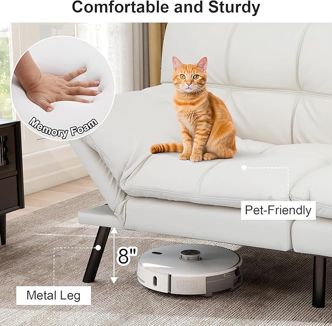 MUUEGM Futon Sofa Bed 71 Ivory Convertible Memory Foam Futon Couch Bed Modern Loveseat Sleeper with Adjustable Backrests Armrests for Living RoomSmall SpaceOffice
