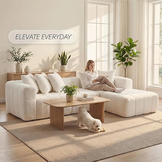 107.9“Cloud Sectional Boneless Couch Modular Sofa with Deep Seat 5 Pillows L-Shaped Free Combination Soft Boucle Fabric 1400 lbs Capacity Living Room Apartment. (Cream Right Hand Facing) | No Assembl