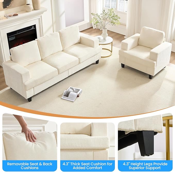 PUREMIND 2 Piece Living Room Sofa Set Chenille Upholstery 3 Seater Couch and Armchair Set Solid Wood Frame Modern Sectional Couches for Living Room Office Apartment