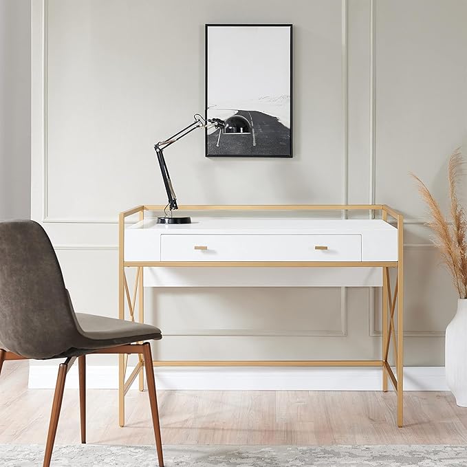Pemberly Row Mixed Wood and Metal Home Office Desk White/Satin Gold Finish 44 x 22 x 32 in Drop Front Keyboard Drawer Adjustable Floor Levelers Modern Computer Desk for Workspace or Study