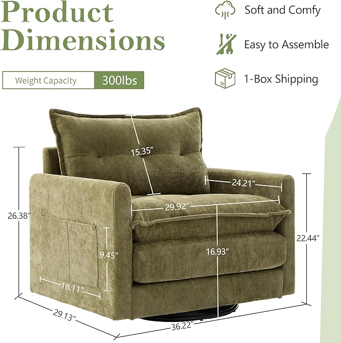 cinkehome Oversized Swivel Chair 36 Swivel Armchair Accent Chair for Living Room Mid Century Modern Thick Padded Arm Chairs Memory Foam Chenille Olive Green