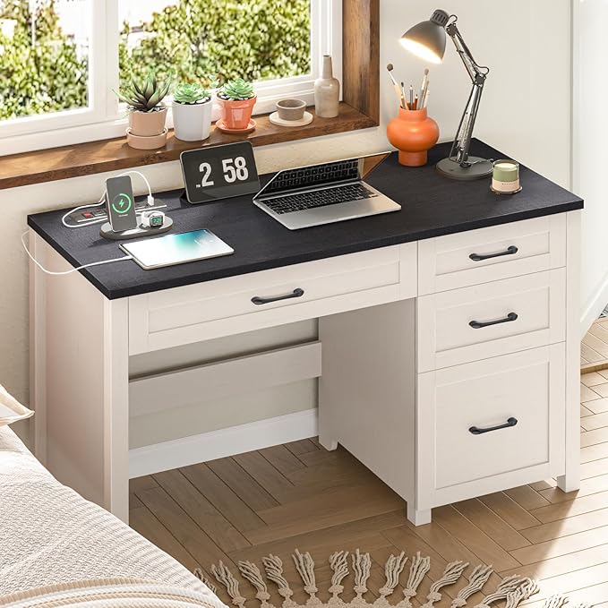 Vabches Farmhouse 47 Executive Desk with 4 Drawers Computer Desk with File Drawer and Charging Station Workstation for Home Office Study.（Black）