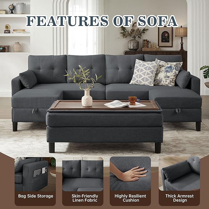 101 Convertible Sectional Sofa with Ottoman Coffee Table Modern Linen Fabric U-Shaped Couch with Storage Pocket 4 Seat Sofa Couches for Living Room Apartment Office Darkgrey