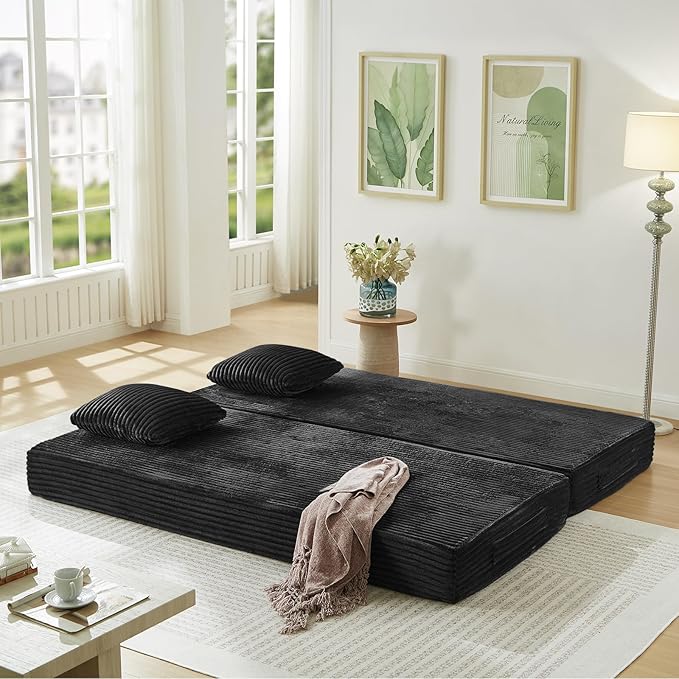 Modular Couch Bed Convertible Folding Plush Corduroy Comfy Floor Memory Foam Compression Loveseat Sleeper Sofa Couch King Size Bed for Guest Room Living Room Bedroom No Assembly Required Black