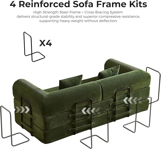 5-in-1 Reinforced Folding Sofa Bed | 79 Steel Support Frame with High-Resilience Memory Foam | Sturdy &amp No Tools Needed for Family Living Room (Green)