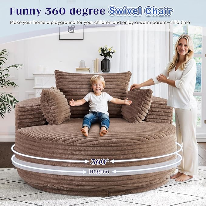 360-Degree Oversized Swivel Chair Modern Round Circle Corduroy Comfy Deep Seat Swivel Accent Chaise Lounge Sofa Chair with Back Cushion &amp 2 Throw Pillows for Living Room Bedroom Office Brown