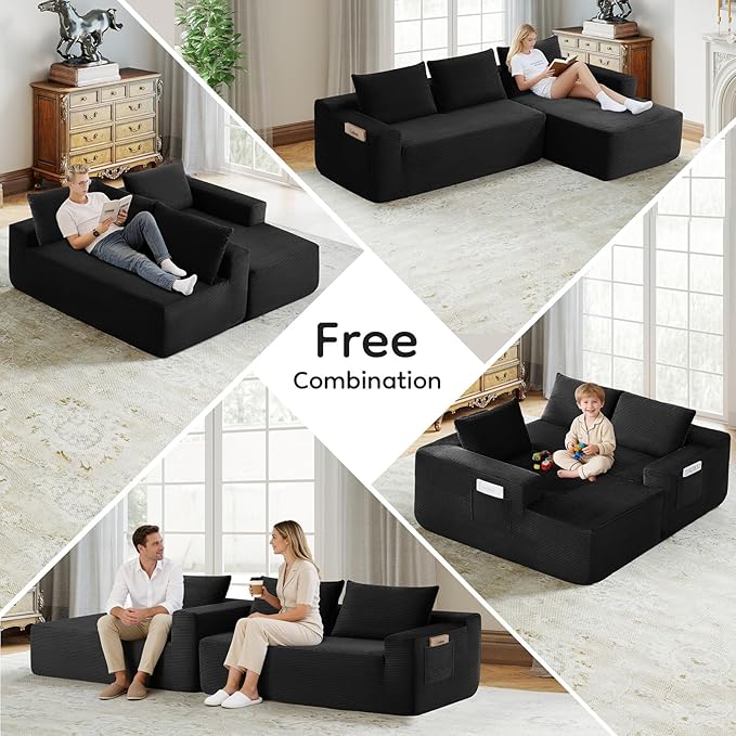 97 L Shaped Boneless Couches fo Living Room Modular Sectional Sofa Black Corduroy Compression Couches for Small Spaces No Assembly Required (Right Facing Chaise)