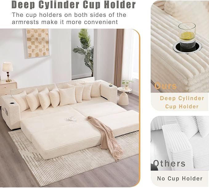 Oversized L-Shaped Modular Sectional Sofa Couch with 8 Pillows Convertible Corduroy Sleeper Sofa Bed with Cupholders &amp Storage Pockets Cloud Couch with Movable Ottoman for Living Room Beige