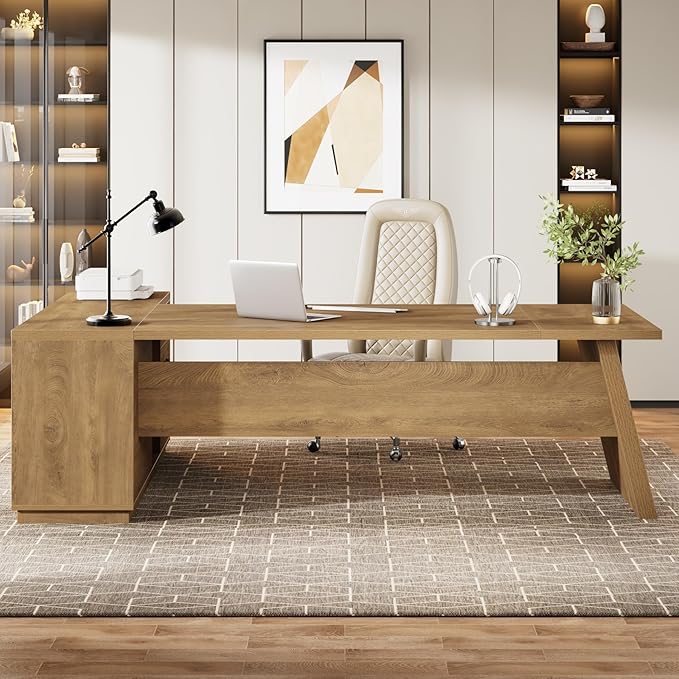 Tribesigns Modern L-Shaped Executive Desk 78.7 L x 31.5 W x 29.5 H Brown 3 Drawers 2 Shelves Scratch Resistant Home Office Desk