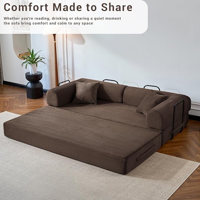Compressed Sofa Convertible Sofa Bed Corduroy Compression Boneless Couch with Pillow Comfy Modular Foldable Floor Sleeper Sofa for Bedroom Living Room Lounge Studio (Brown)