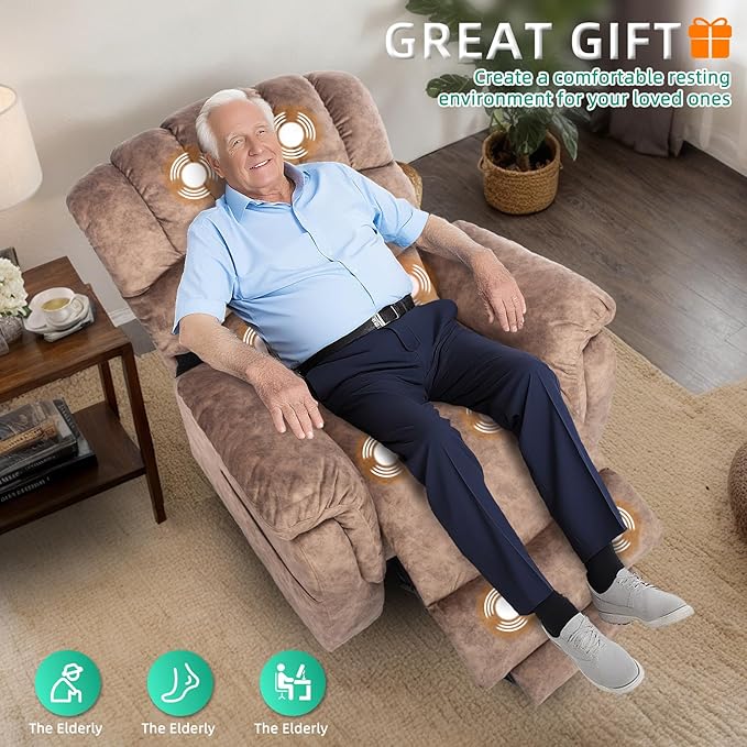 VIVIJASON Tall Man Large Dual Motor Power Lift Recliner Chair with Extended Footrest Overstuffed Lay Flat Sleeper Electric Recliner W/Heat &amp Massage Lumbar Pillow USB &amp Type-C Ports Plush