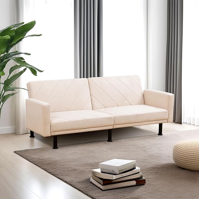 Fold Out Modern Couch Convertible Chair Bed Sleeper Sofa 2 Seater Loveseat Small Couch for Living Room Futon Lounge Comfy Sofa Bed Cama for Small Spaces for Bedroom Adjustable Angle Beige