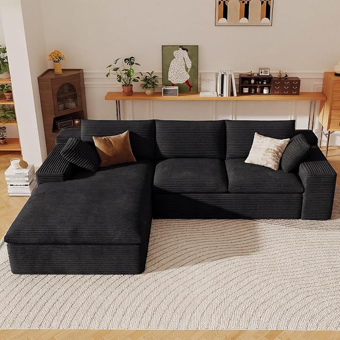 107 Cloud Sectional Couch with L-Shape Chaise Modern Corduroy Viral Boneless Sofa for Living RoomMemory Foam Couches in a Box with Deep SeatNo Assembly Required (BlackLeft-Facing Chaise)