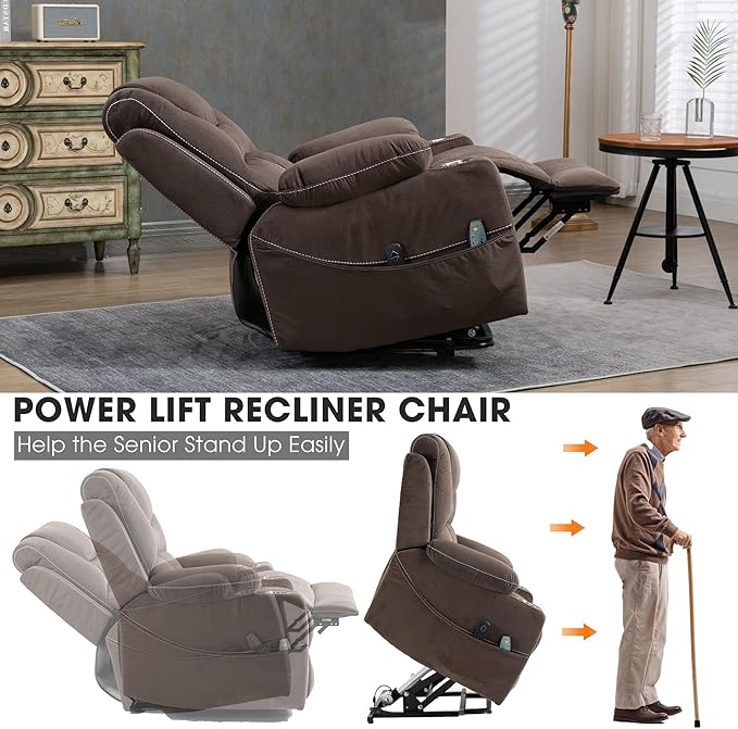 Large Power Lift Recliner Chair Sofa with Massage and Heat for Big and Tall ElderlyInfinite PositionsSingle MotorCup Holdersand USB PortsVelvet Home Theater Seat