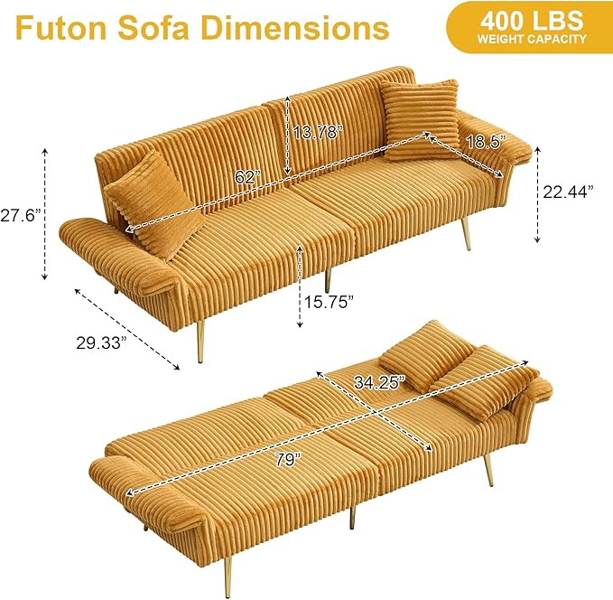 Rovibek Futon Loveseat Sofa Bed Modern Corduroy Futon Couch with Adjustable Backrest 2 Pillows Convertible Futon Sofa for Small Spaces Living Room Apartment Guest Room Yellow