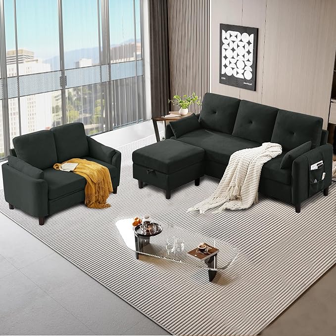 2 Piece Sofa Set Modern 3 Seater Sofa and Loveseat Sets Convertible Sectional Couch with Reversible Chaise L Shaped Couch Sets for Living Room ApartmentBlack