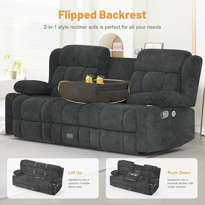 Loveseat Recliner Sofa Flip Middle Backrest Design 3 Seat Reclining Sofa with Storage Drawer USB Ports &amp Cup Holders Manual Couch for Living Room/RV (Gray)