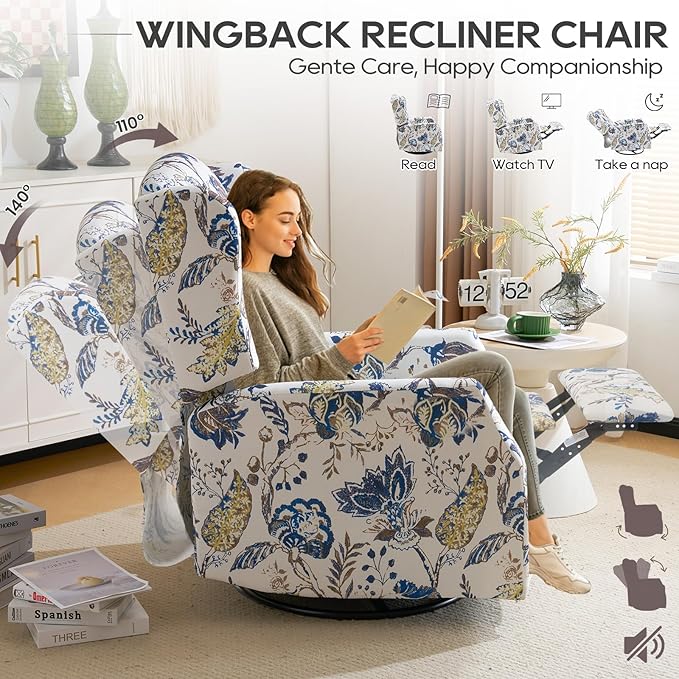Swivel Rocker ReclinerWingback Recliner ChairFloral Accent Chair Fabric Chair with High BackPadded Seat for Living RoomBedroom Home Office (Blue)