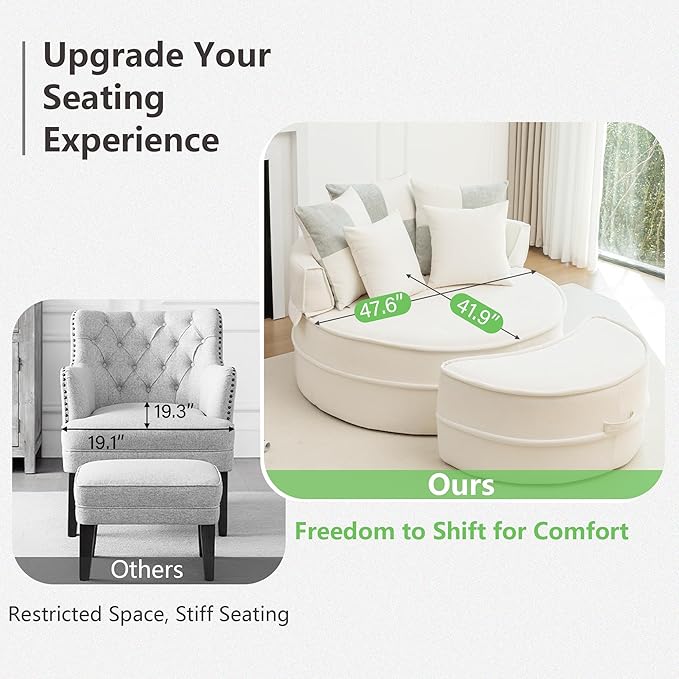 DEINPPA Oversized Round Accent Barrel Chair with Movable Ottoman Cloud Circle Chair with 5 Comfy Pillows for Living Room Reading Room Bedroom Boneless Couch No Assembly Required-Beige