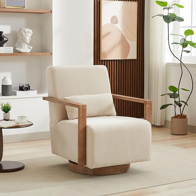 30.3 W Swivel Accent Chair with Solid Wood Armrests Modern Upholstered Armchair with Rubberwood Base 360 Degree Comfy Lounge Reading Chair for Living Room Bedroom or Office (Beige)