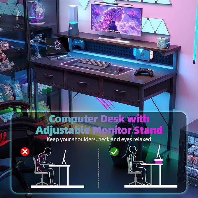 MUTUN Computer Desk with Drawers 40 Inch Computer Desk with Power Outlet &amp LED Light Gaming Desk with Adjustable Monitor Stand &amp Pegboard Modern PC Study Writing Table for Bedroom Black