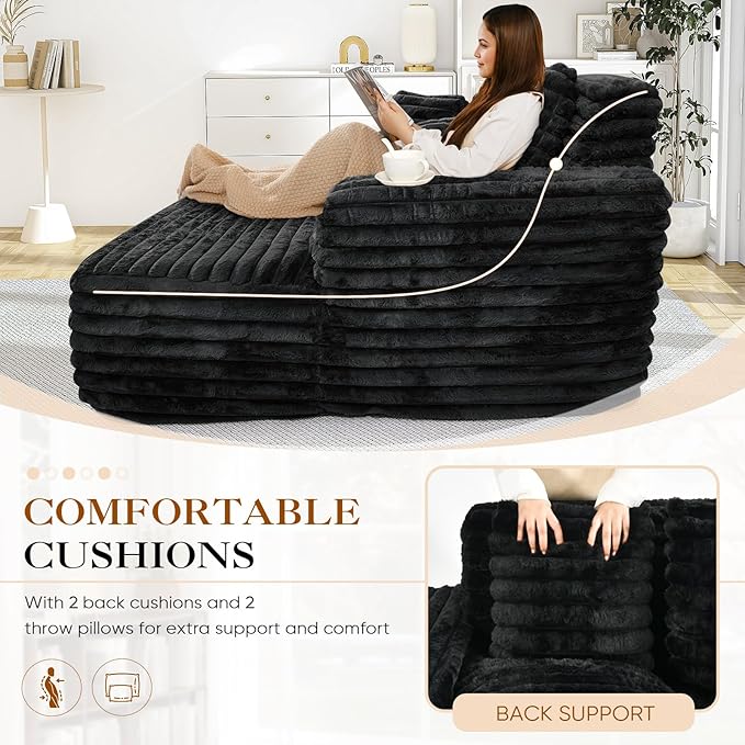 Chaise Lounge Chair Indoor Comfy Corduroy Plush Fluffy Foam Floor Compressed Sofa Chair Leisure Reading Single Sleeper Chaise Chair for Living Room Bedroom Office Pillows Included (Black)