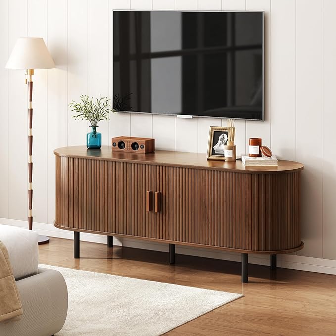 ONBRILL 55 TV Stand with Power Outlet for TVs up to 60 Inch Entertainment Center with Storage and Adjustable Shelves Modern Media Console with Sliding Doors for Living Room Walnut