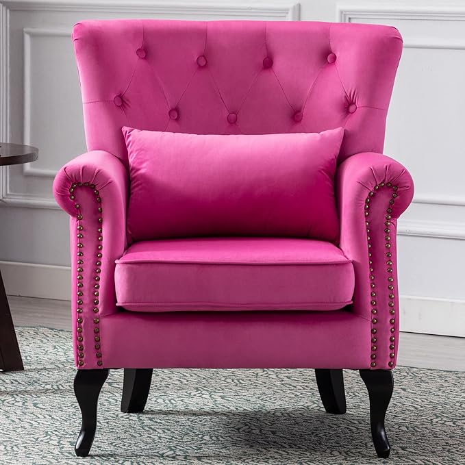 Mid Century Modern Accent Chair Upholstered Armchair Comfy Velvet Fabric Single Sofa with Tufted Wingback for Small Spaces Bedroom Living Room Hot Pink