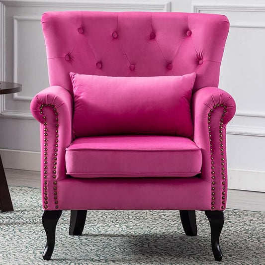Mid Century Modern Accent Chair Upholstered Armchair Comfy Velvet Fabric Single Sofa with Tufted Wingback for Small Spaces Bedroom Living Room Hot Pink