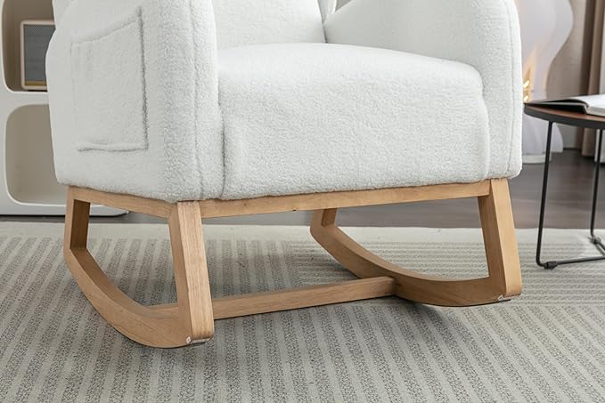 Teddy Rocking Chair Ivory Fabric Accent Chair with Wooden Legs for Living Room Bedroom Indoor Use Comfortable Upholstered Rocker with 300 Lbs Capacity