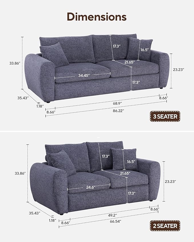 Modern Gray Chenille Fabric Sofa 86.2 L x 35.4 W x 33.8 H 3-Seater with Deep Seats and Wide Armrests