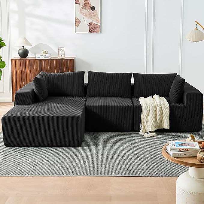 109 Cloud Sectional Couch Boneless Couches for Living Room Modular Sectional Sofa with Deep Seat L-Shape Couch with Chaise Comfy Corduroy Fluffy Modern Modular Sofa No Assembly Required Black