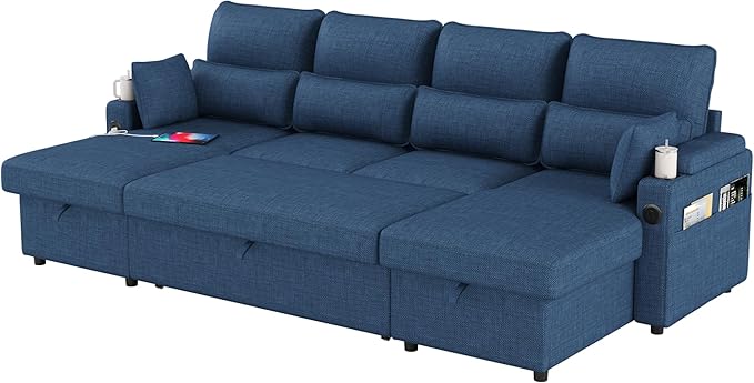 Sectional Sleeper Sofa with Pull Out Couch Bed with Storage Chaise for Living Room Comfy Linen Modular Sectional Sofa with Dual USB &amp Type-C Cup Holders (Blue 105 Inches)