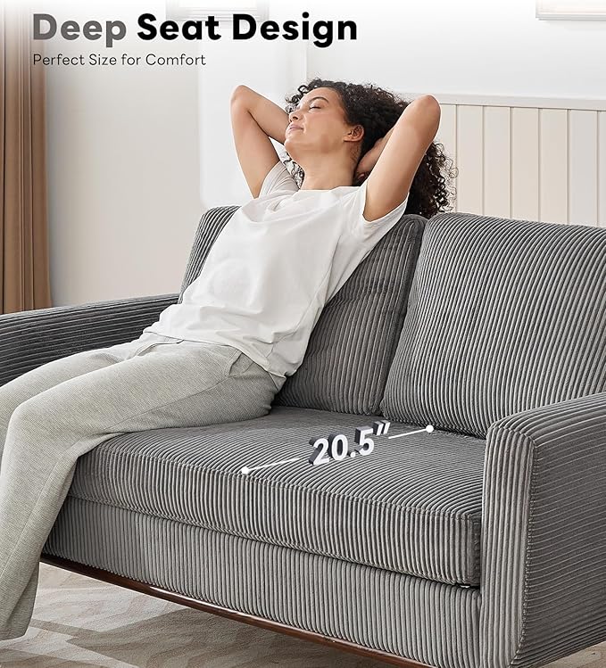 Kingfun 65 Corduroy Love Seat with Spring Cusions Mid Century Modern Loveseat Sofa for Livingroom &amp Bedroom Comfy Upholstered Small Couch Gray | linen fabric button tufted solid wood foot p